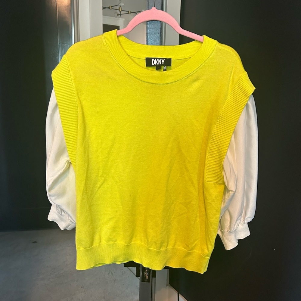 DKNY Neon Yellow Sleeveless Sweater Vest with White Layered Sleeves